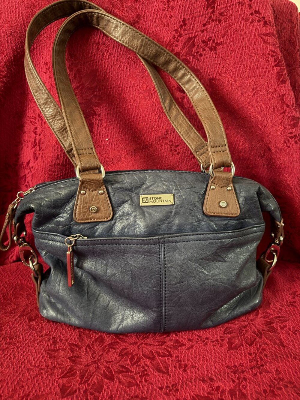 Stone Mountain Leather Navy Blue w/Brown Handles Long Beach Satchel